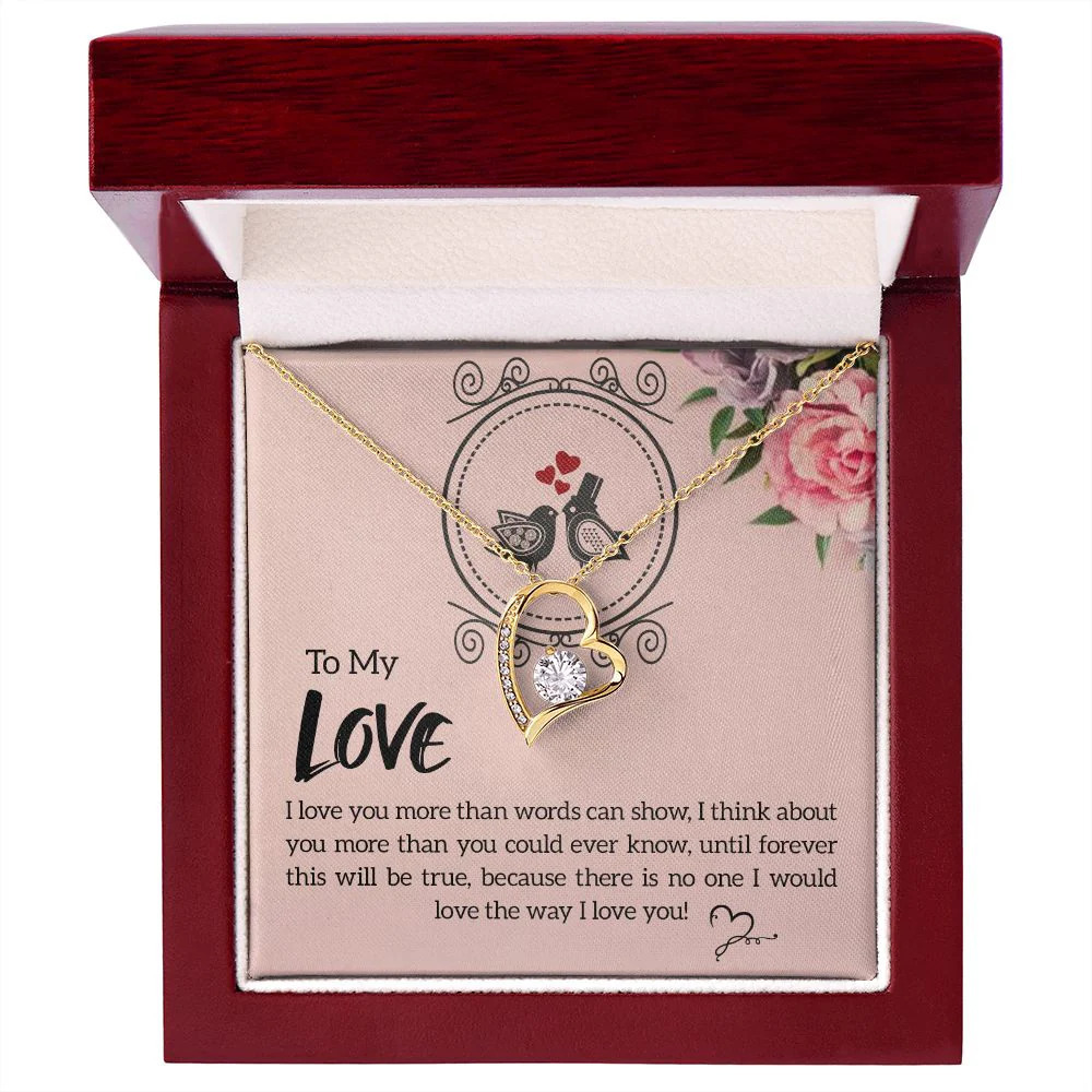 My Love Love You More Forever Love CZ Heart Necklace Yellow Gold Luxury Box